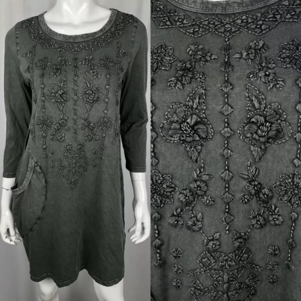 Caite Floral Embroidery Pocket Hand Stitched Dress